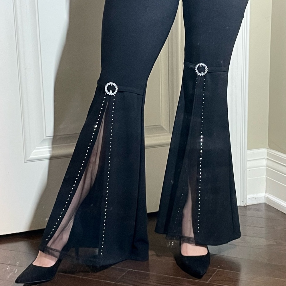 Jubi Black Bell Bottom Flare Pants With Cut Out and Rhinestones